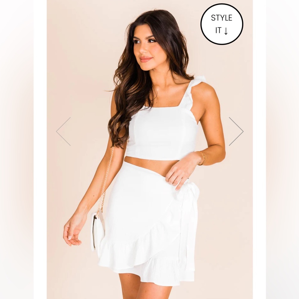 NWOT Pink Lily white two piece set wrap skirt and crop top